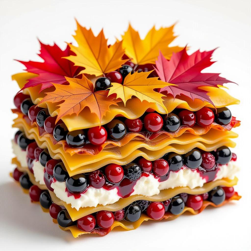 Layers of crisp autumn leaves resemble a rich lasagna. The pasta is made of red maple and golden oak leaves. Creamy ricotta consists of delicate spider silk. The sauce is vibrant crushed berries and dark earth. Focus on organic textures and earthy tones.