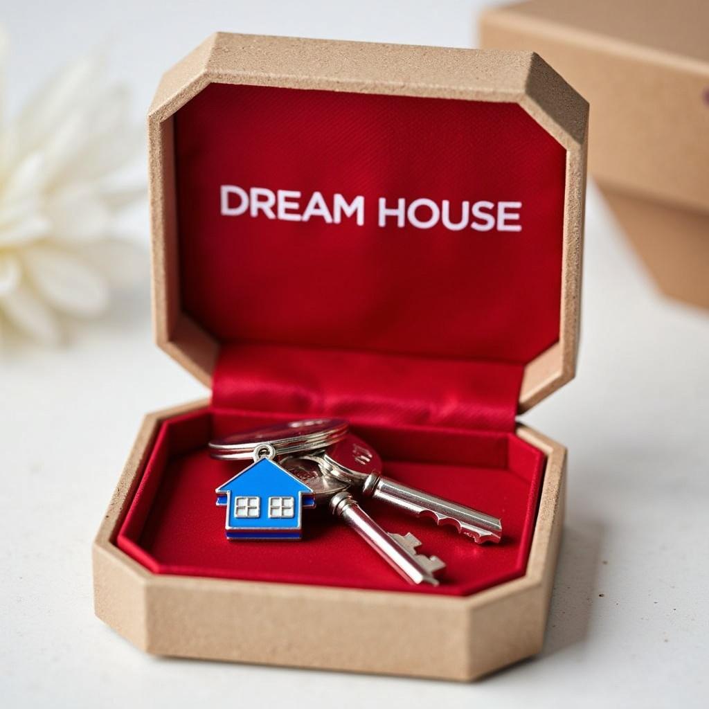 Open jewelry-style box with red interior. Box contains keychain with silver key and blue house-shaped charm. White text saying Dream House is on the red interior. Box symbolizes owning a dream house.