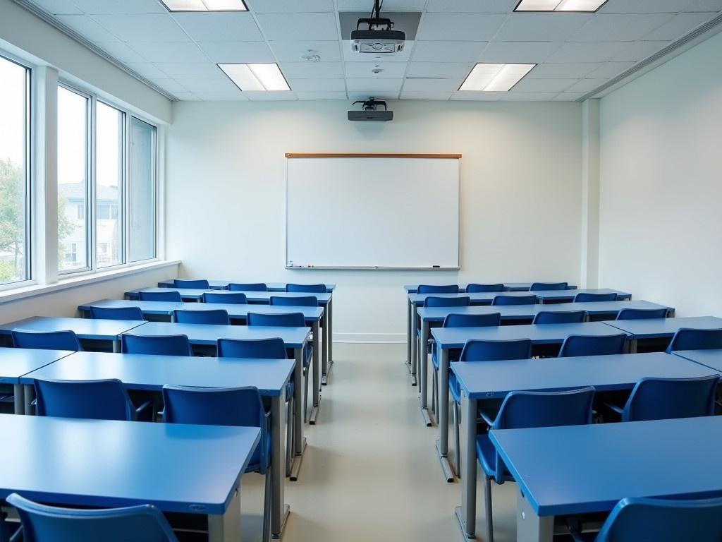 The image shows a standard college classroom. It features rows of blue desks and chairs arranged neatly. The classroom is well-lit with natural light coming through the large windows. The front of the room has a whiteboard and a projector mounted on the ceiling. The walls are painted in light colors, contributing to a clean and organized atmosphere.