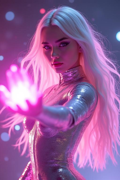 High-resolution image of a futuristic character in a dynamic pose. She is a shining AI with human traits. Wearing a metallic suit, long platinum blonde hair. Energetically poised with flowing garments. Vivid colors of pink and reflective silver. Dramatic backlighting for neon glow effect against a dark cosmic background. Sharp focus on the character and blurred background. Visible light in her hands. Realistic textures in clothing and hair. Captures a spontaneous moment in a surreal sci-fi setting. Purple eyes. GoPro HERO10 Black, Cinestill 800T.