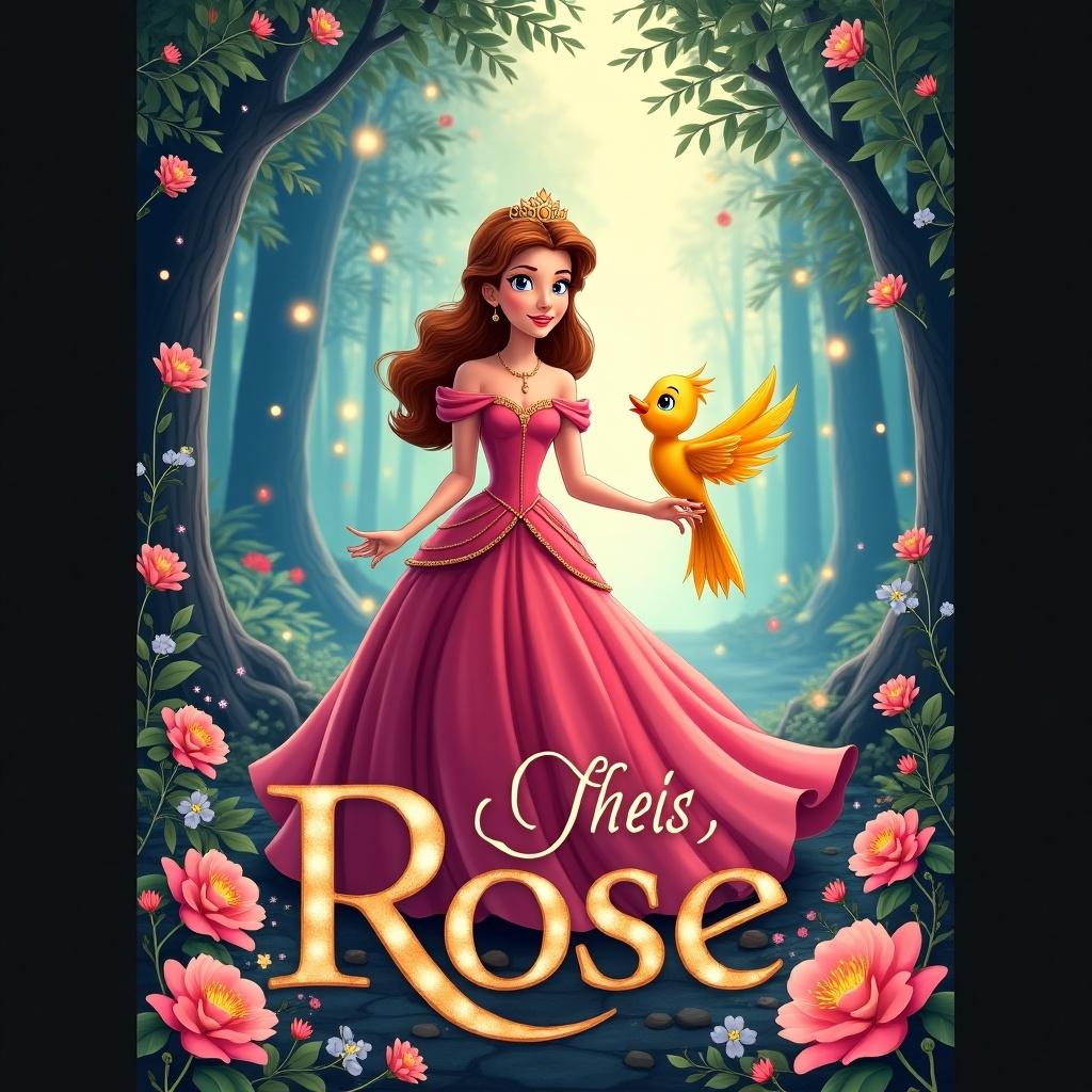 The image features a princess named Rose, who is elegantly dressed in a pink gown. She is holding a vibrant golden bird in her hand. The background consists of a magical forest filled with colorful flowers and soft glowing lights. Rose has an enchanting expression, radiating kindness and warmth. This scene captures the essence of adventure and friendship in a fairy-tale setting. The overall visual style is reminiscent of classic Disney animation. It's perfect for a DVD cover design that appeals to children and families.