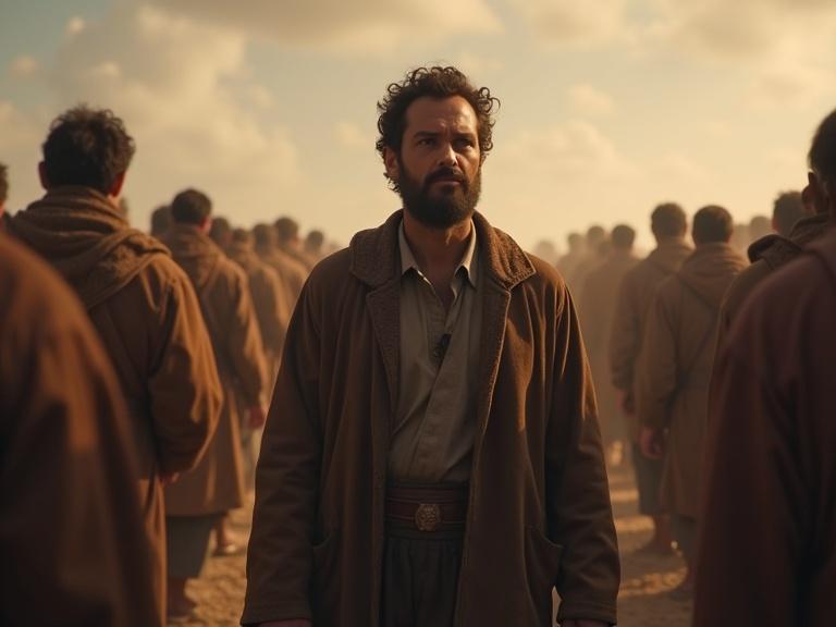 Enoch walking away from a judgmental crowd. Serene expression. Realistic style. Soft daylight. 9:16 aspect ratio.