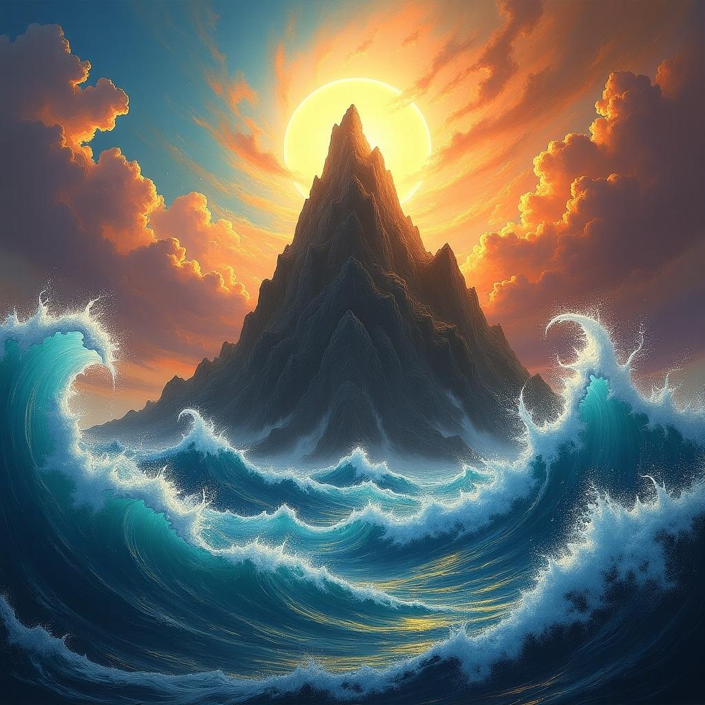 Samudra Manthan depicted with a central mountain. Devas on one side and Asuras on the other. Dynamic ocean waves and a vibrant sky create a mythological scene full of energy.