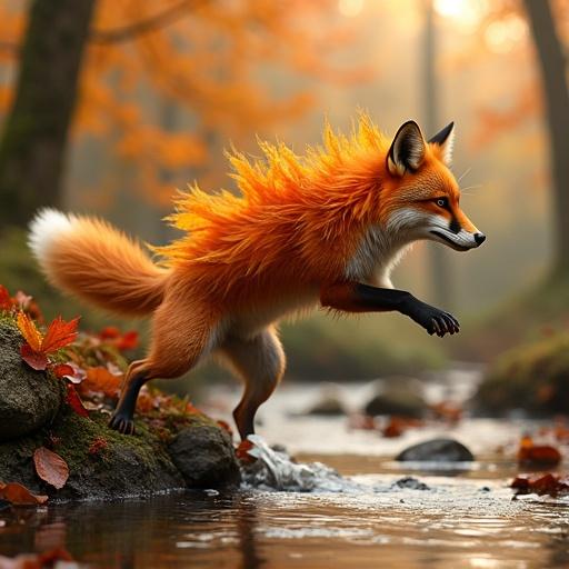 Fox leaping over a stream with artful autumn leaves in the background