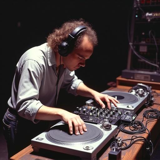 A DJ passionately mixing on turntables at a music event. Fast-paced turntable tricks. 1992 Ortfon World DJ Mixing Championships eliminations scene.