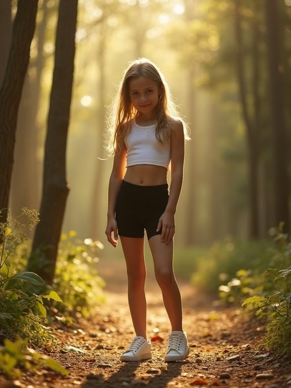 Stylish 11 year old girl poses gracefully in sun-dappled forest. Wearing black legging shorts and white crop top. White sandals add a chic touch. Soft golden light filters through trees creating a dreamy woodland atmosphere. Capturing a surreal twist in fashion photography.
