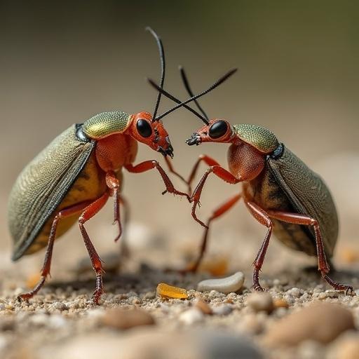 Two unique types of insects perform breakdancing on a surface. The insects display vivid colors and intricate details while engaging in dance moves.