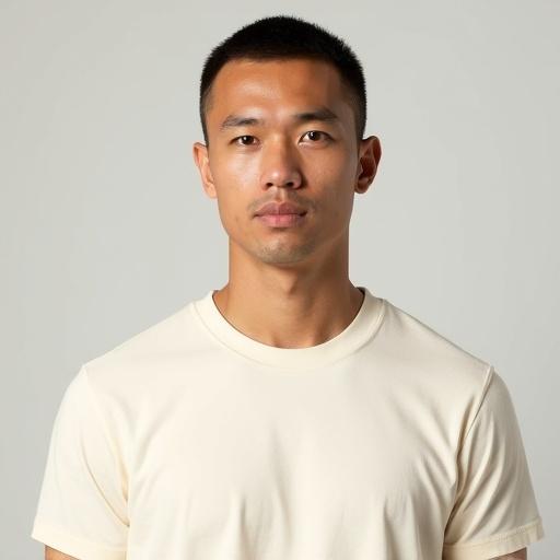 High resolution photorealistic portrait of a male with short hair wearing a plain cream-colored T-shirt. Full frontal view with no head or body rotation. Clean-shaven face and neutral expression. Natural skin texture looking directly into the camera. Illuminated with full frontal light to minimize shadows. Simple solid background. Sharp details and subtle catchlights in the eyes.