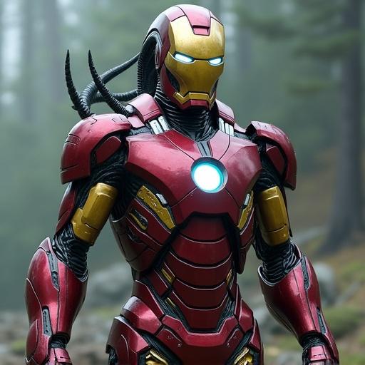 Design merges Iron Man armor with organic elements of Alien Xenomorph. The result is a scary, futuristic appearance with a blend of technology and biology.