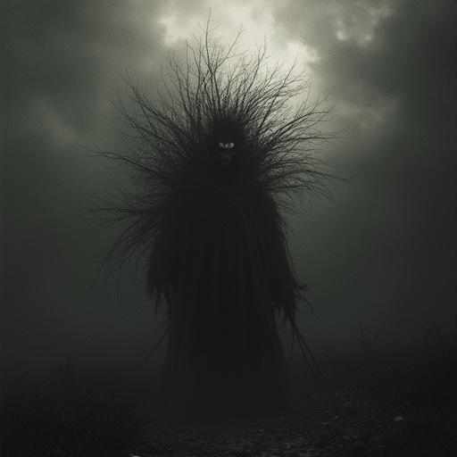 A surreal representation of chaos with a dark figure. The figure has an unsettling presence, surrounded by a cloudy atmosphere. The image conveys a sense of beauty intertwined with fear.