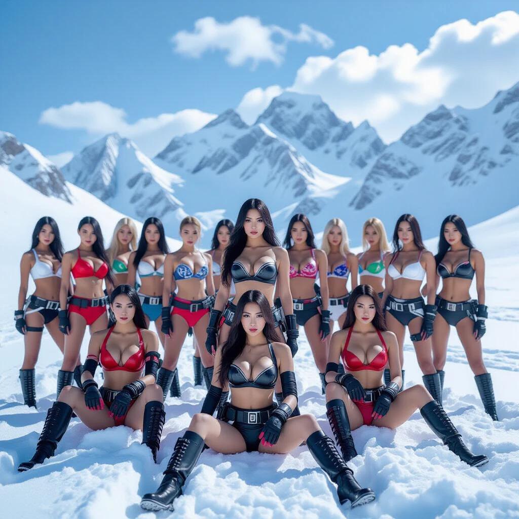 A large group of women poses in the snow. They wear colorful leather bras and tactical accessories in a bold stance. The snowy landscape features majestic mountains in the background. The women exhibit strength and elegance in their attire. The image captures a striking contrast of colors against the white snow.