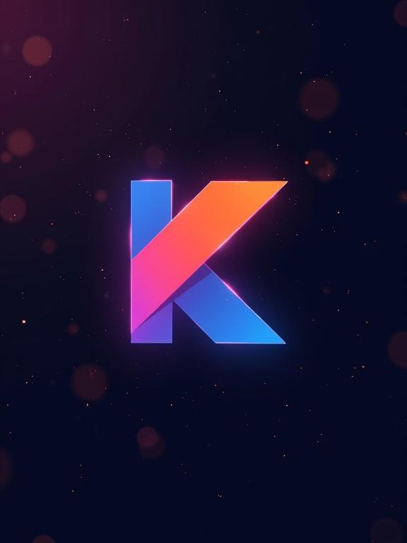 Colorful background featuring the Kotlin logo Design with a cyberpunk aesthetic. Bright colors and a glowing effect highlight the logo against a dark backdrop.