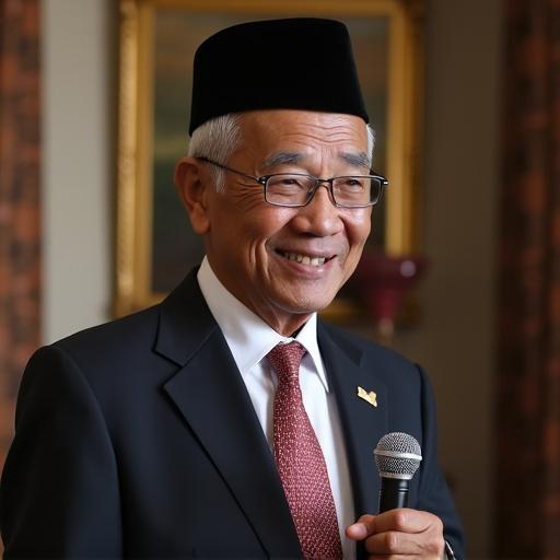 Man in formal suit with a black hat smiling and holding a microphone. Background includes decorative elements typical of a formal setting.