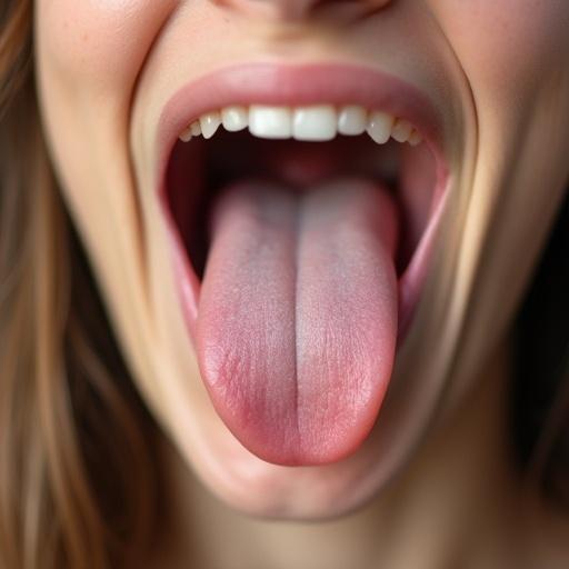 Close-up image of an open mouth with a prominent tongue. Focus on oral features and natural expression. Soft lighting enhances details.