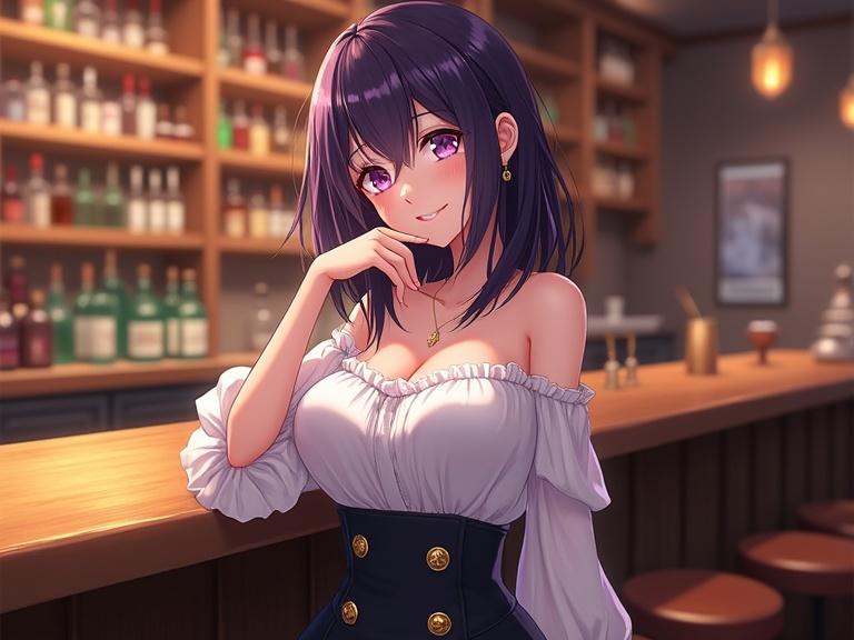 Anime character with dark violet hair and light violet eyes smiles at the viewer. She wears an off-the-shoulder white top and a high-waisted skirt with gold accents. The background shows a bar filled with various bottles. The setting is warm and inviting, with polished wooden surfaces.