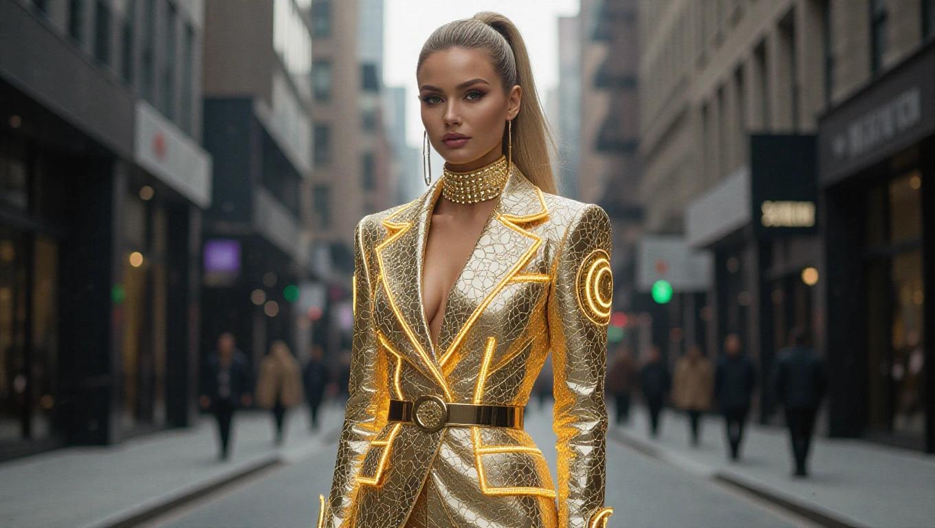 Chic urban setting features a stylish figure wearing a luxurious glowing outfit. The attire showcases opulent details and futuristic elements. The scene captures a glamorous high-impact fashion moment. Atmosphere is cinematic and dreamlike, embodying the essence of haute couture. Blonde figure has sleek ponytail hair, ultrasharp details, 8k resolution, hyper-realistic style.