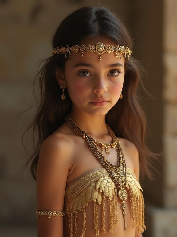 A young beautiful girl dressed in a loin cloth. She is adorned with gold jewelry, including a headpiece and necklaces. The background features warm, soft lighting that enhances her appearance.