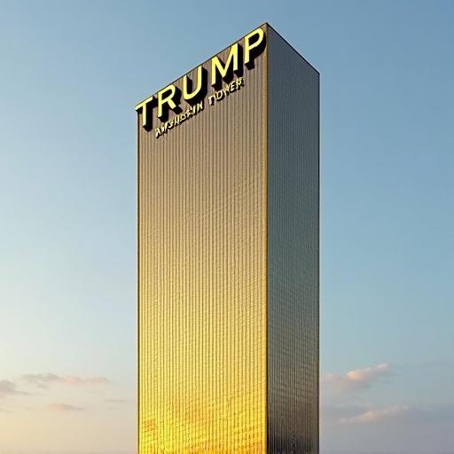 Trump Tower located in Lisbon. Tall golden glass building with golden letters spelling 'TRUMP' on the top.