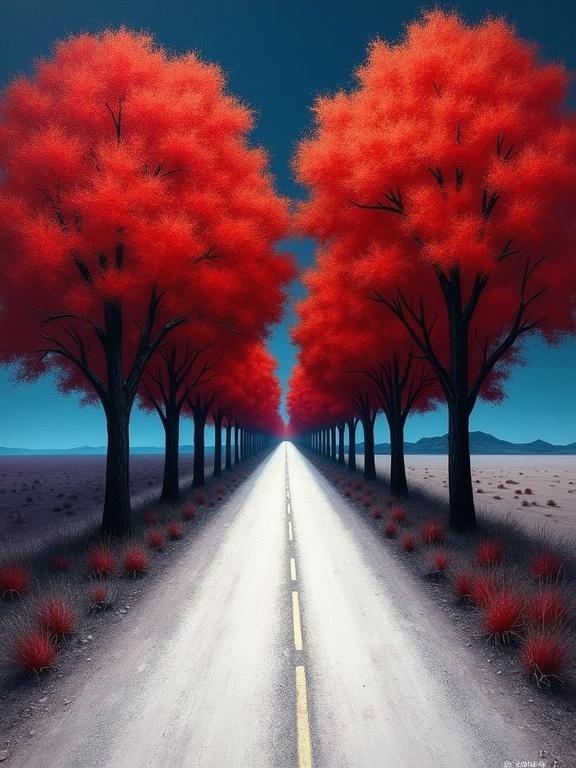 A road trail stretches into the distance surrounded by vibrant trees. Desert on either side under a blue night sky. Light gray road contrasts with deep crimson foliage. Symmetrical tunnel effect with soft diffused light. Balanced composition conveys serenity and beauty.