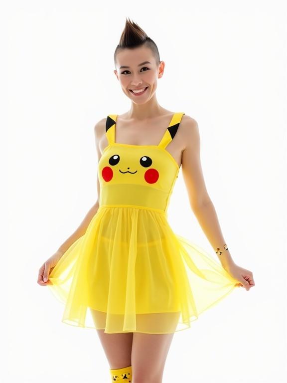 Photograph features a woman wearing a Pikachu-themed outfit. The dress is transparent yellow with a Pikachu face. The woman has a mohawk hairstyle. She holds the skirt out playfully. The background is plain white. The lighting is bright with no shadows.