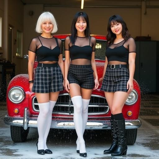 Three mature women pose confidently in a garage setting. They are wearing transparent black tops and plaid skirts. One has white hair, another black, and the other brown. Hairstyles include a bob cut, short cut, and long hair. Footwear consists of mules, wedges, and high leather boots. They are cleaning a car, creating a cheerful environment with water and soap. The scene is vibrant and energetic, capturing fashion and joy in a professional atmosphere.