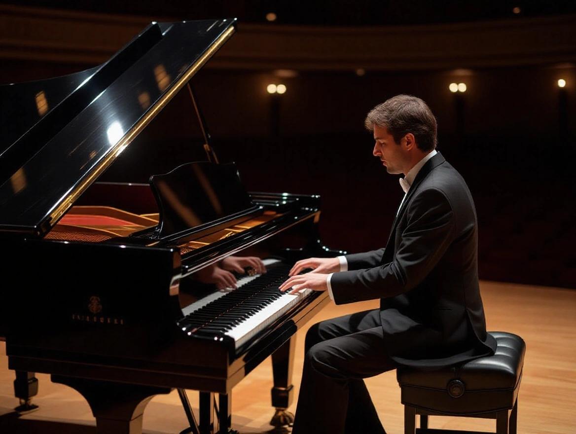 Cinematic wide shot of a pianist performing on a grand piano. Dimly lit concert hall scene. Pianist seated with natural posture, both hands on keys. Polished black grand piano with open lid, visible strings. Soft lighting highlights the scene, creating a moody atmosphere. Background fades into darkness or soft architectural details.