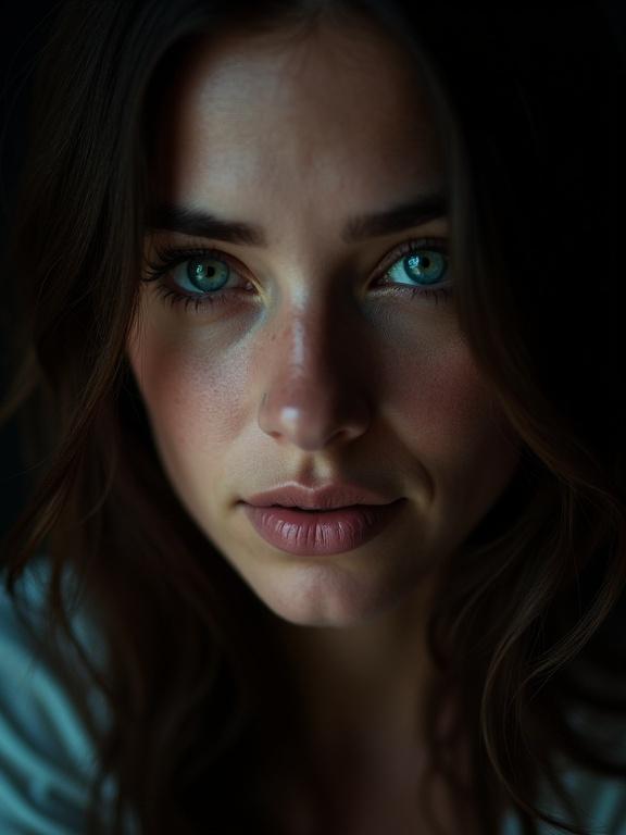 Macro portrait of a woman with turquoise blue eyes leaning towards the camera. Intimate moment with chiaroscuro lighting against a dark background.