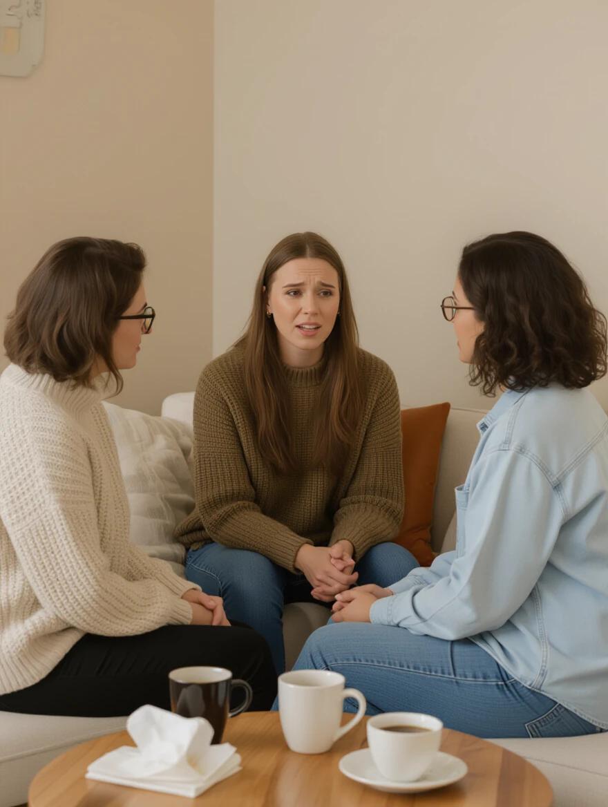 Three individuals engaged in a deep conversation within a cozy environment. One person expresses emotions while others show attentive listening. The setting includes coffee cups and tissues.