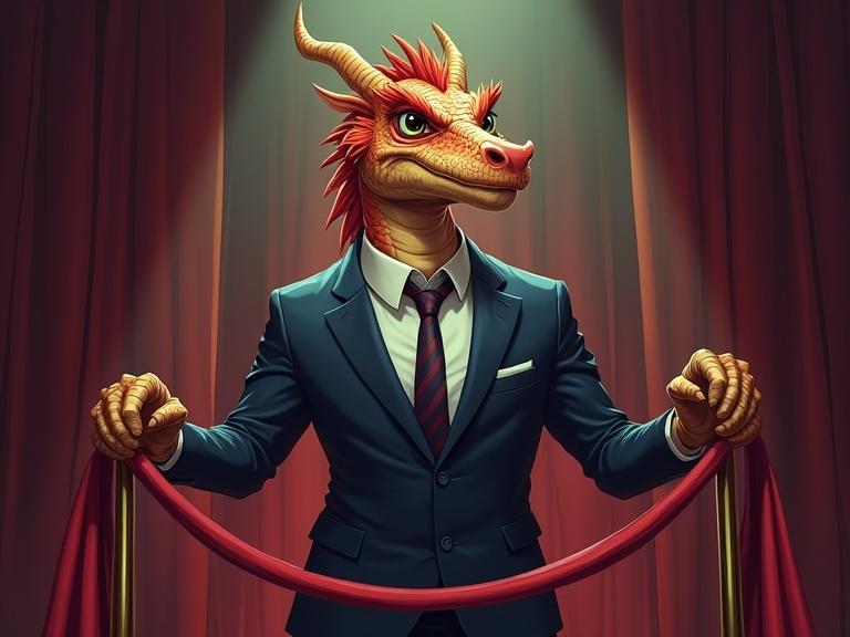 A dragon dressed in a suit jacket and tie stands guard, gripping a red velvet rope barrier. The dragon's posture is firm and imposing, blocking access to the lectern behind it. Their eyes scan the crowd with amusement and authority. The setting features a cohesive color palette of maroons, navy blues, and pale yellows. The lighting is moody, casting dramatic shadows with the lectern and microphone subtly spotlighted behind the dragon.