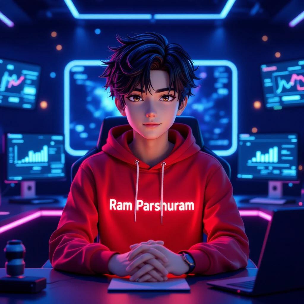 Ultra-detailed 3D anime-style digital illustration of a 19-year-old boy in a red hoodie. He is at the center of a futuristic YouTube livestream studio filled with holographic panels and glowing monitors. The walls display divine character murals. The scene is illuminated with ambient lights and warm cinematic tones.