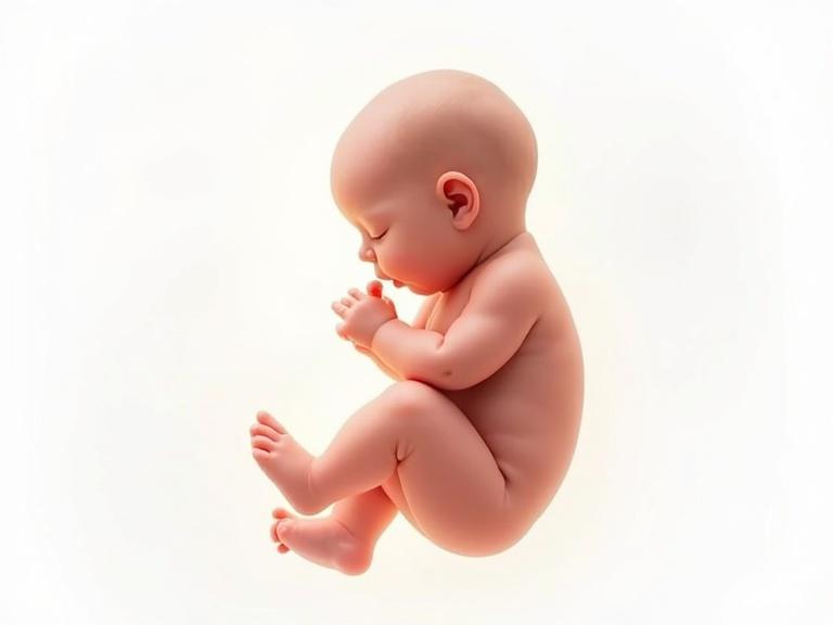 A baby in fetal position on a white background. The baby is curled up with eyes closed.