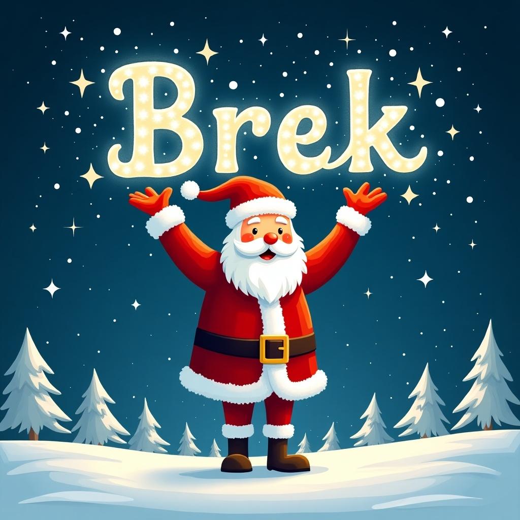 The image depicts Santa Claus cheerfully standing in a snowy landscape. He is wearing a traditional red suit with white trim and a red hat. In his joyful stance, he is magically writing the word 'Brek' in the stars above him. The background features a dark sky filled with sparkling stars and scattered snowflakes. Pine trees are visible in the snowy foreground, enhancing the festive atmosphere. This illustration captures the essence of Christmas magic.