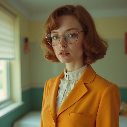 A character in a bold orange blazer stands in a brightly lit vintage room overlooking a window. The background features soft pastel colors, creating a nostalgic and artistic atmosphere. The character exudes confidence and style that resonates with retro fashion elements.