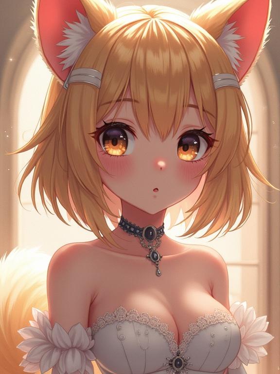 An anime furry bride featuring a dog girl. The character has blonde hair, decorative accessories, and elaborate attire with a focus on the neckline. The illustration is vibrant and alluring.
