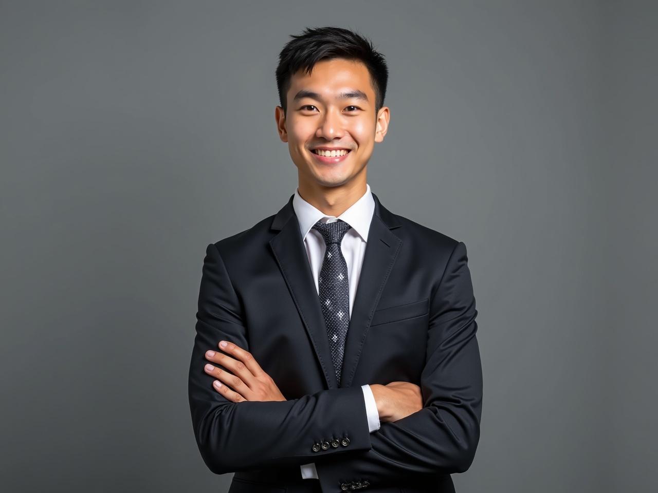 The image shows a young man smiling in a formal suit. He is standing against a gray background, conveying a professional demeanor. He has short, dark hair and is wearing a white dress shirt with a tie that has a geometric pattern. His arms are crossed lightly in front of him, and he has a warm, friendly expression. The attire suggests he may be in a business or professional setting.