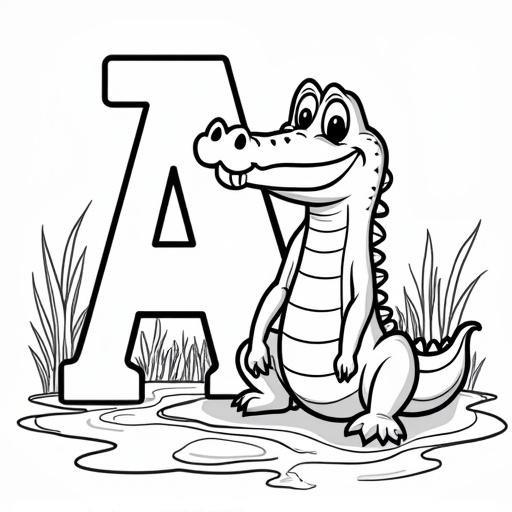 A cartoon alligator with a friendly smile and big eyes sits happily next to a large uppercase 'A' and lowercase 'a'. The alligator and letters have thick, clean outlines for coloring. Simple background with swamp reeds and water ripples. Cheerful and inviting for children.