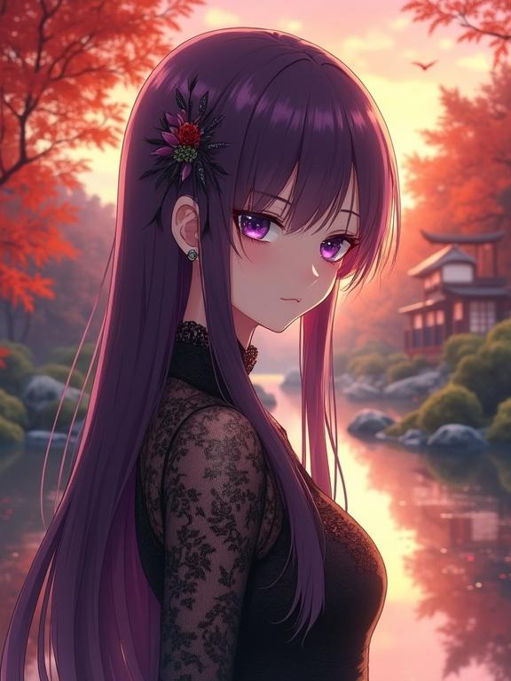 Semi-realistic anime portrait of a beautiful woman with violet eyes and long violet hair styled with a flower hairpin. Gothic lace dress with embroidery. Background is a tranquil Japanese garden at sunset with a koi pond and tea house.