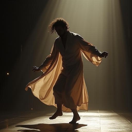 A dancer in a flowing garment moves gracefully under beams of light. The scene is dramatic with shadows and highlights. The dancer expresses emotions of freedom and immortality.