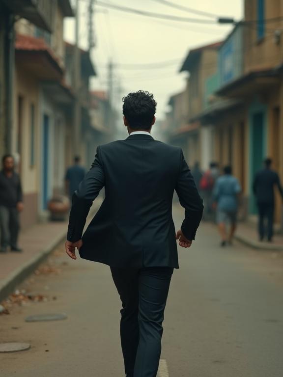 Photorealistic image of a man in a dark suit running away. Environment shows a hostile favela in Latin America. Man has thick, short, wavy hair. Image captures a realistic moment in an urban setting.