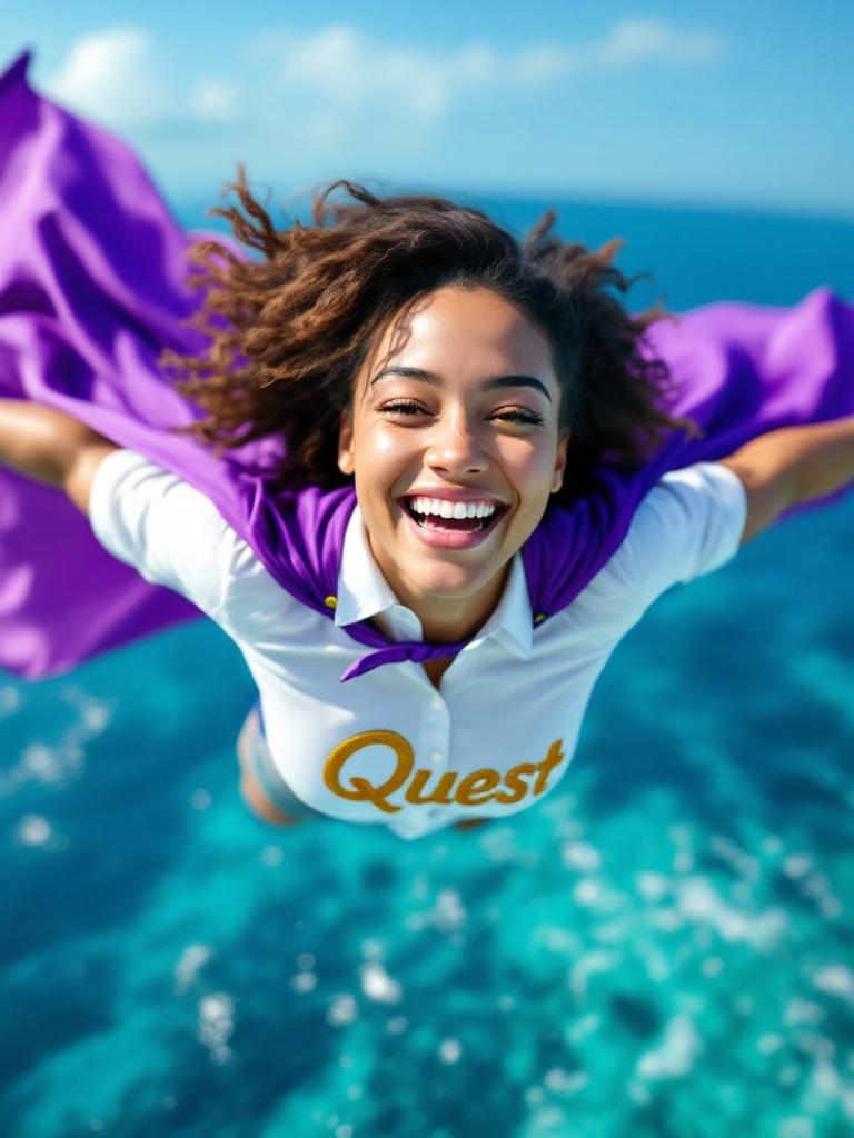 Joyful Latin female daycare teacher soars over the Caribbean Sea. She wears a vibrant purple cape and white shirt with gold 'Quest' embroidery. The scene captures adventure and empowerment. Turquoise waters and clear blue sky surround her. Her expression radiates happiness and inspiration, embodying the spirit of exploration.