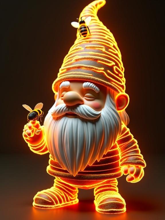Digital artwork of a whimsical gnome. Gnome has glowing orange lines resembling electrical currents. Dark brown and black background enhances glow. Gnome wears a beehive hat made of honeycomb layers. Three bees are on top of the hat. Gnome has a white beard and mustache in lighter orange. Light pink band obscures eyes. Gnome's shirt is black and yellow striped. A bee is perched on the gnome's left hand. The style is energetic and rustic with high contrast.