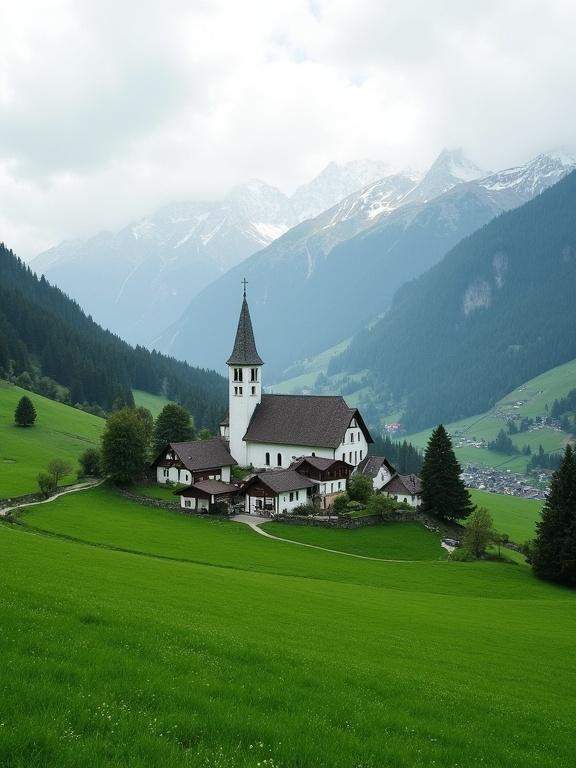 Photograph shows a picturesque mountain village with lush green fields. Small cluster of white and grey buildings. A prominent church with a grey steeple is in the middle. Surrounded by trees and rolling hills. Misty, cloudy sky above. Distant snow-capped mountains partially covered by clouds. The scene feels serene and peaceful. Soft natural light presents an overcast mood. No people present. Pastoral landscape evokes rural setting. Traditional European village characteristics. The overall image is tranquil and scenic.