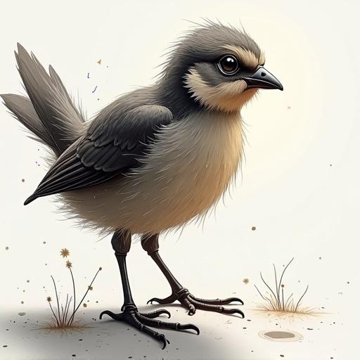 Illustration of a cute small bird standing on a dusty ground surrounded by tiny plants. The bird has fluffy plumage with gray and cream colors. Large expressive eyes and a curious posture make it engaging and charming.