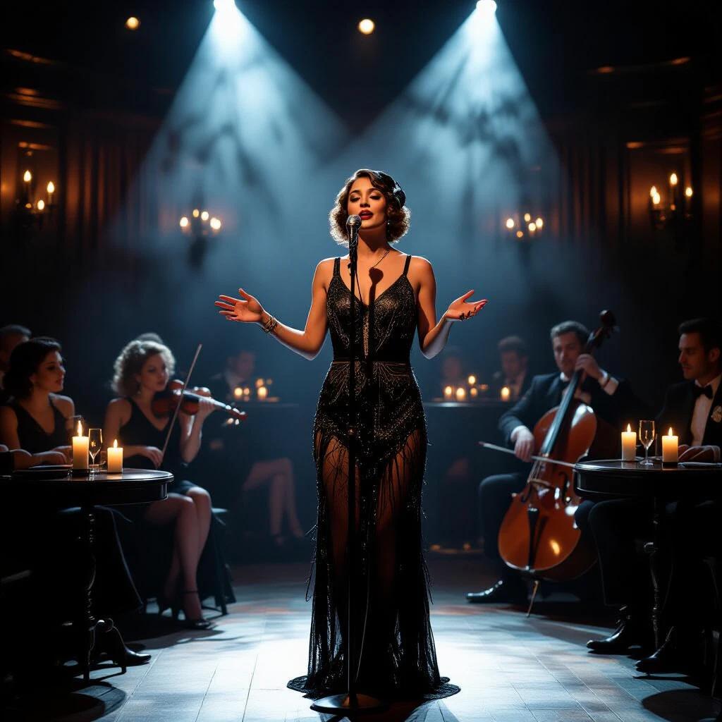 A vibrant 1920s speakeasy scene. A singer performs passionately on stage during a blackout. Candles flicker creating a moody atmosphere. The singer wears an elegant black dress. Live music ensemble plays softly in the background.