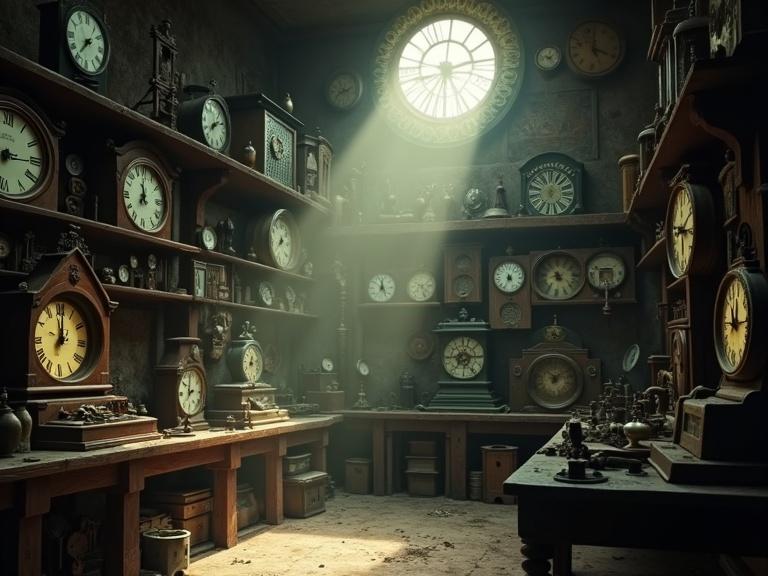 Cinematic wide shot of a dusty clockmaker's workshop. Shelves filled with ticking clocks of various sizes. Gears and tools scattered. A single sunbeam cuts through the gloom, illuminating dust motes. Moody lighting in a cartoon style.
