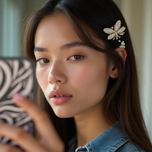 Pearl-encrusted snap clips shine in chocolate brown hair. The light catches them softly from a bathroom window. Calm face with dewy skin and slightly parted lips. Holding a zebra-print phone case in the mirror's edge. Fine flyaways brush the cheeks. Relaxed denim collar is visible. Casual mirror selfie feels spontaneous and polished. Hair clips are the main focus.
