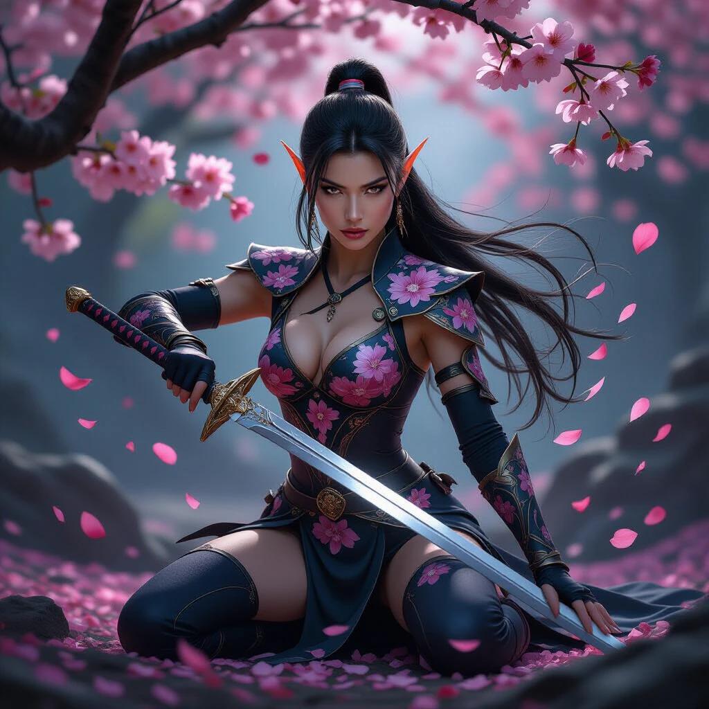 A fierce elven warrior kneels gracefully surrounded by dark cherry flowers. She wears a fitted outfit with floral patterns. A sword is ready in her hand. Soft lighting highlights her features and pointed ears. Scattered petals around her add to the beauty.