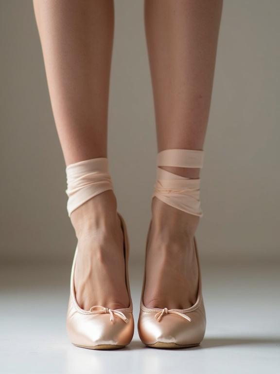 Ballet shoes with stiletto heels and pointy design. Shoes are positioned elegantly on the floor. Soft ribbons tied around the ankles add grace to the shoes.
