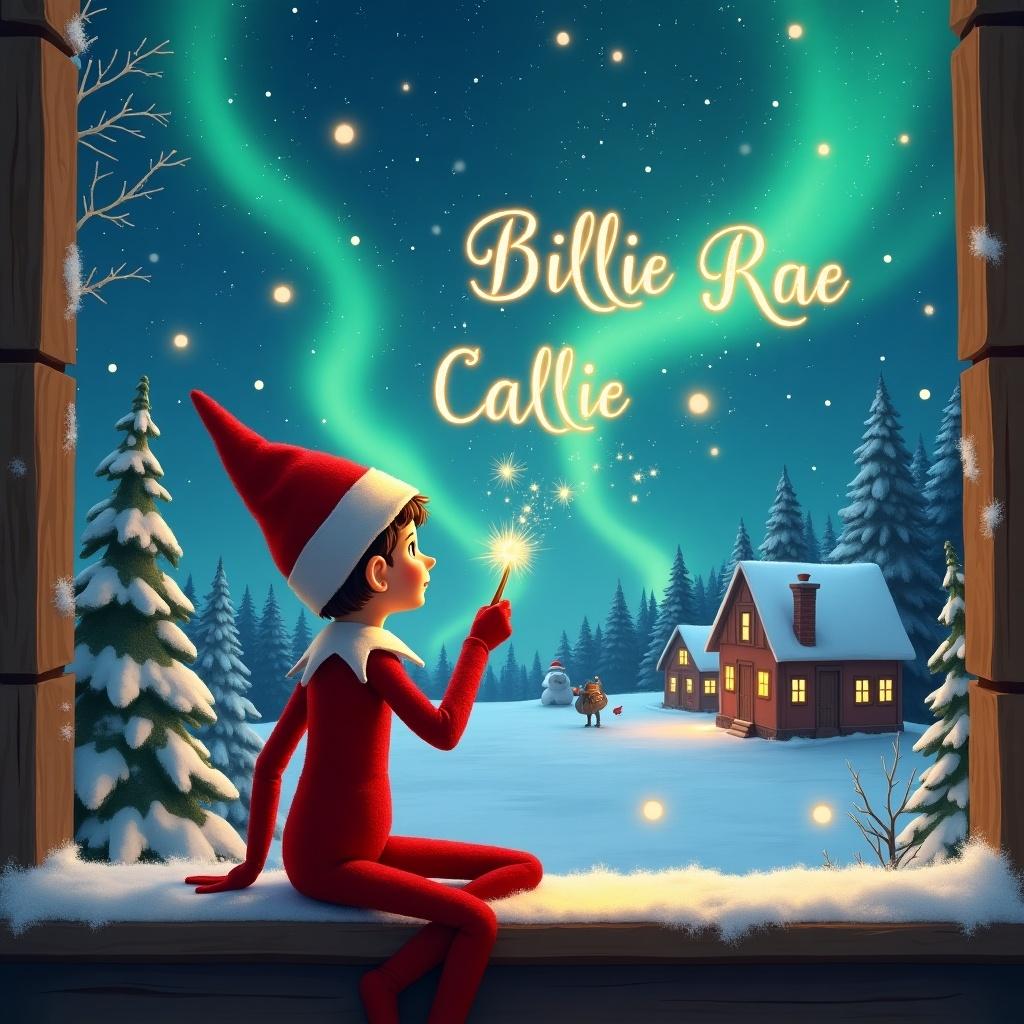 An enchanting elf sits on a wooden ledge, dressed in a red outfit with a pointed hat. The elf gazes at a magical sky filled with shimmering northern lights, holding a sparkling wand. With the wand, it beautifully writes the names Billie Rae, Natalia, Lexi, Maddy, Miley, and Callie in the starry sky. The backdrop features a snowy landscape, charming houses, and evergreen trees, creating a peaceful winter wonderland. This whimsical depiction captures the joy and wonder of childhood magic and the essence of the holiday spirit.