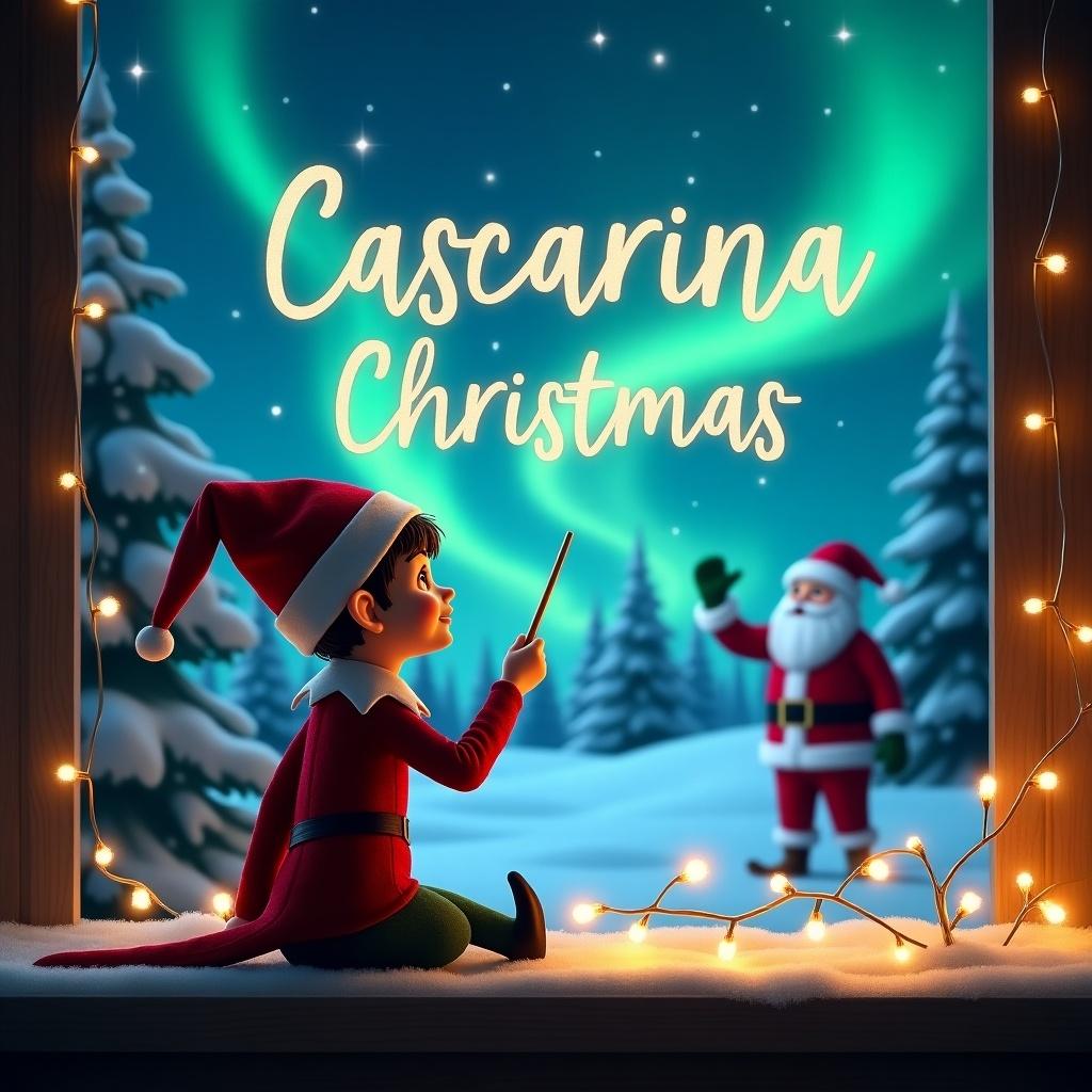 A magical Christmas scene elf on the shelf is facing the sky using a wand writing Cascarina Family Christmas in the air Northern lights illuminate night sky Santa Claus is visible snow-covered trees twinkling lights creating joyful festive mood.